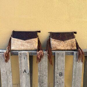 Tooled Leather and Cowhide Concealed Carry Purse in Coffee Brown